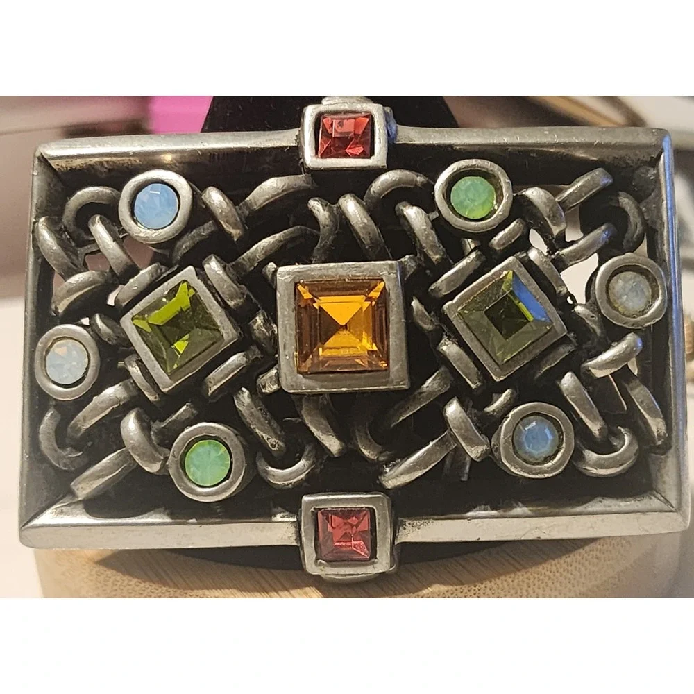 Vintage Silver Tone Multi Color Crystal Interwoven Belt Buckle Metalwork